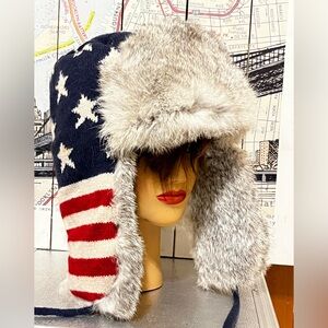 Chic Real Rabbit Fur w Red Whit n Blue Wool Trapper Hat